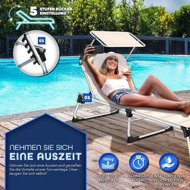 Сонячне ліжко Tillvex® з дахом та подушкою для голови | Садова лежанка, розкладний шезлонг | Пляжний лежак з регульованою спинкою | Алюмінієве ліжко (ліжко з преміум-подушкою, бежеве)