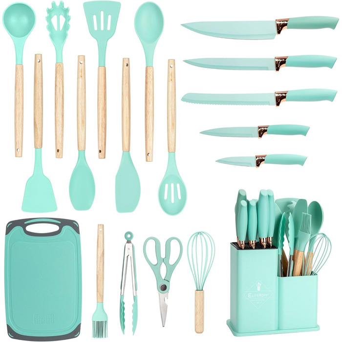Набір кухонних ножів EliteHoff 19 предметів: 5 ножів, 12 кухонних аксесуарів, дошка для нарізання та підставка. Зручні дерев'яні ручки, силіконові аксесуари, безпечні для харчових продуктів, придатні для миття в посудомийній машині, чорний (E-6073)