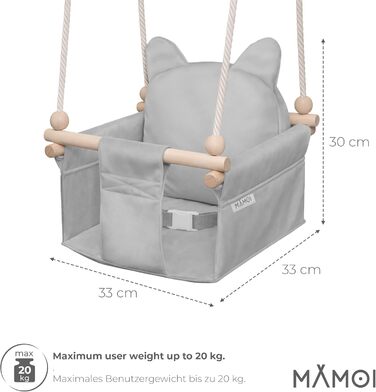 Дитяча гойдалка-колиска MAMOI з ременем безпеки, регульована висота 150-190 см, для дому, стійка конструкція, велюрове сидіння, легкий монтаж, світло-сіра