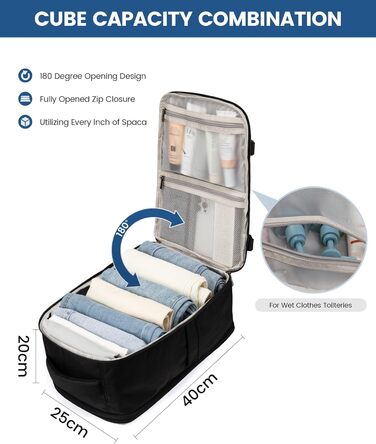 LOVEVOOK Рюкзак ручної поклажі 40x20x25 для Ryanair, 20L, рюкзак для подорожей, для ноутбука 14 дюймів, чоловічий/жіночий, з відділенням для мокрого та сухого, чорний