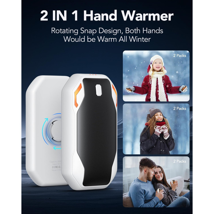 Електричні грілки для рук PHEJIE, 2 шт. - 3 режими нагріву, портативні, для активного відпочинку, кемпінгу, подарунок для жінок та чоловіків (чорний/білий)