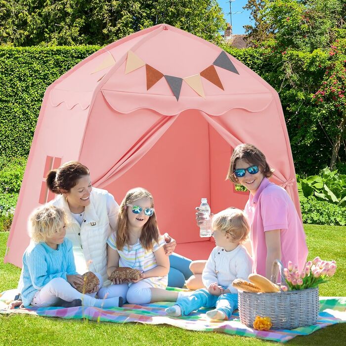 Дитяче намет-будиночок HOMASIS для гри в приміщенні, рожевий: зі світлячками, килимком, вікнами та фіранками