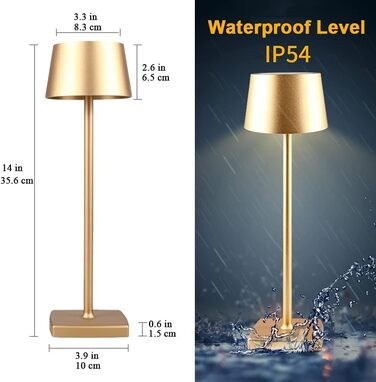 Настільна лампа бездротова 2 шт. (золота), IP54, 6000mAh, повна цинкова сплава, регулювання яскравості, для дому та бізнесу