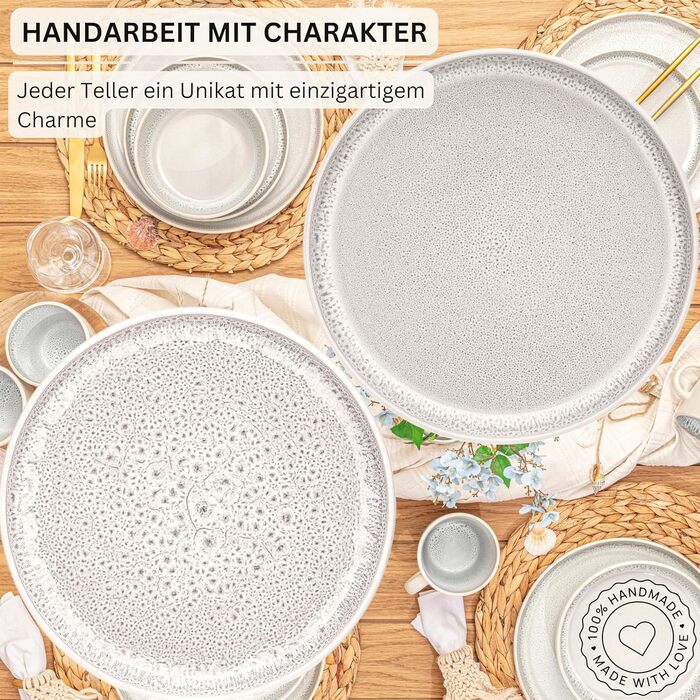 Набір посуду SÄNGER Kreta 24 частини: 6 тарілок, 6 тарілок для сніданку, 6 глибоких тарілок, 6 паста-мисок, блакитний з кремовим, Steingut (стейнгут)