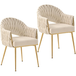 Набір з 2 обідніх стільців Samt, крісла для вітальні, стільці для кухні з підлокітниками, стільці для макіяжу з золотими ніжками, стільці для балкону білого кольору