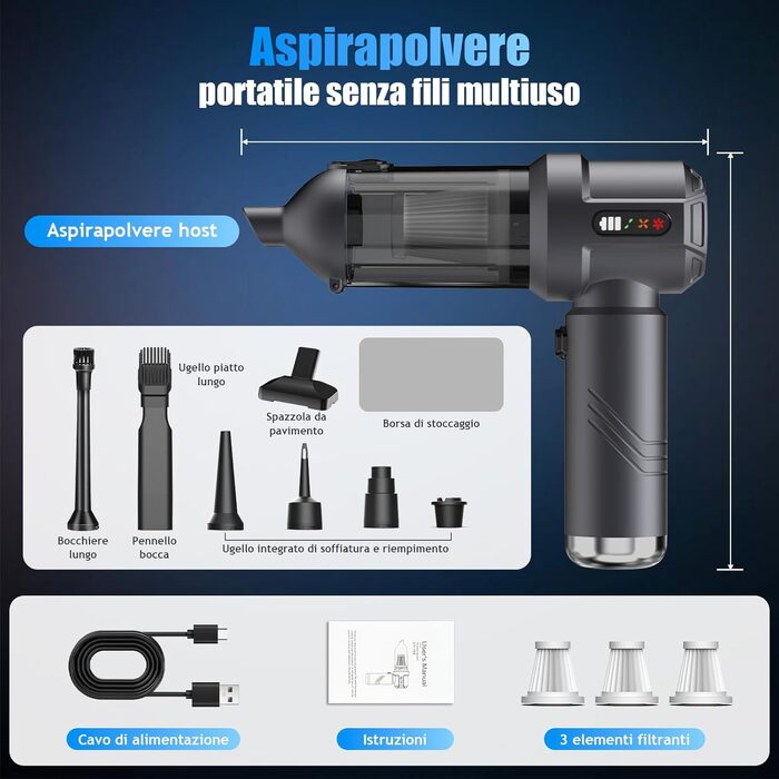 Акумуляторний ручний пилосос 4 в 1 для дому та авто, 25000Па, бездротовий портативний пилосос з автоматичним спорожненням контейнера, для шерсті тварин, сірий