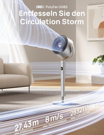 Вентилятор підлоговий Dreo з Wi-Fi та LED, 102 см, 8 швидкостей, 3 режими, тихий 20dB, велика потужність, срібний