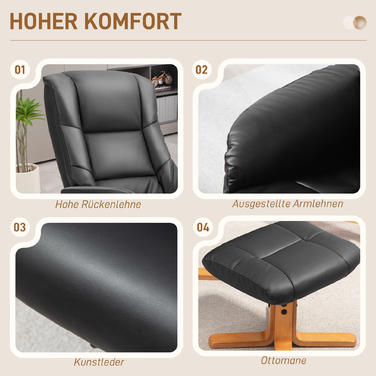 Крісло HOMCOM з пуфом, 360° обертання, 130° нахил, з функцією лежання, висока спинка, дерев’яний каркас, штучна шкіра, чорний колір, розмір 76x85x104 см