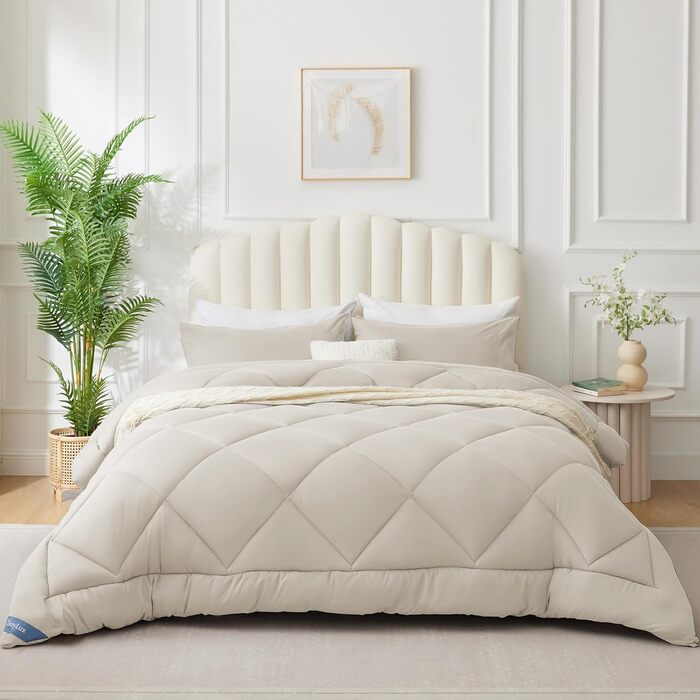 Ковдра CozyLux 200x200 см для всіх сезонів, ковдра з мікрофібри 300gsm, дихаюча ковдра, білий/бежевий (155x220 см)