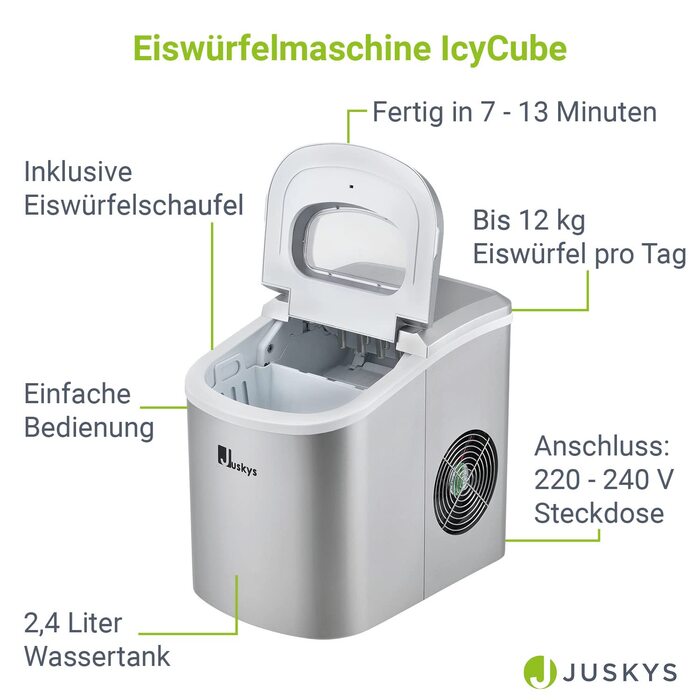 Машина для виробництва кубиків льоду Juskys IcyCube - 12 кг/24 години - 7-13 хв - 100 Вт - 2,4 л резервуар для води (срібло)