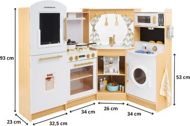 Дерев'яна кухня Мамабрум XXXL з LED-підсвічуванням та диспенсером для кубиків льоду - дитяча кухня з аксесуарами (мікрохвильова піч, посуд, столові прибори) для дітей 3+