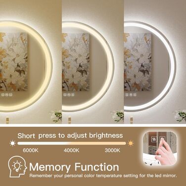 Дзеркало для ванної кімнати Habison з підсвічуванням 70x70 см LED, з годинником, сенсорним вимикачем, регулюванням яскравості, захистом від запотівання, 3-х кратним збільшенням, Bluetooth, 3 кольори світла