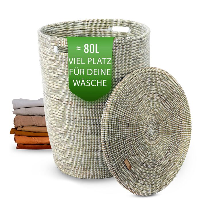 Кошик для білизни з кришкою 80л, плетені, бохо стиль, з ручками, білий, модель Mazama