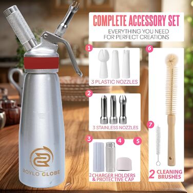 Професійний дозатор для збивання вершків, 500 мл, з силіконовим руків'ям, міцний, для приготування вдома, 6 насадок з нержавіючої сталі та пластику, 2 пензлики для чищення