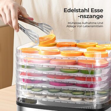 Сушарка для продуктів YASHE 8-ярусна, з регулюванням часу та температури до 72 год, з сітчастими вставками, роликом для фруктів та щипцями з нержавіючої сталі для м'яса, фруктів, овочів, трав, без BPA