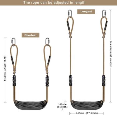 Гойдалка садові SELEWARE: набір з міцним сидінням, регульованим тросом 2м та 2 карабінами, чорна вулична гойдалка для саду