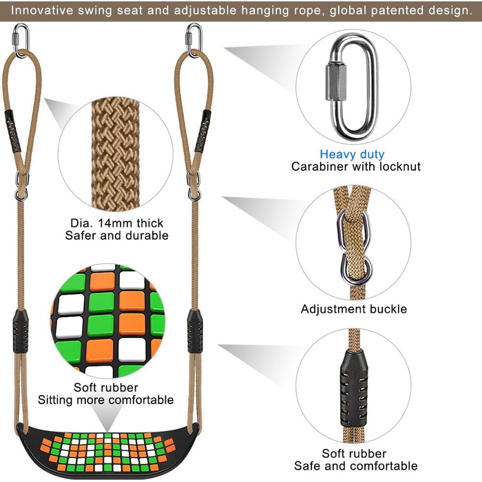 Гойдалка садові SELEWARE з міцним сидінням, 2м регульованим канатом та 2 карабінами, чорна (квадратне сидіння)