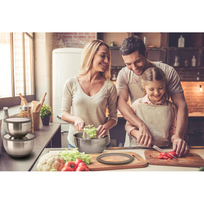 Набір мисок з нержавіючої сталі з кришками [3 шт.] 1л + 2.5л + 4.5л | Миски для перемішування, салатники, набір мисок | Нековзні, складаються, придатні для миття в посудомийній машині