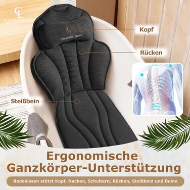 Подушка для ванни повномірна (152x56 см) з підголівником (11 см) чорного кольору – підтримка шиї, спини та ніг. Зі сумкою для прання та подорожей, гачком для сушіння.