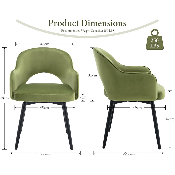 4 крісла з оксамиту для їдальні, обертаються на 360°, кухонні крісла з підлокітниками, м'які бокові крісла для дому, офісу, вітальні (53*58*78 см, зелені)