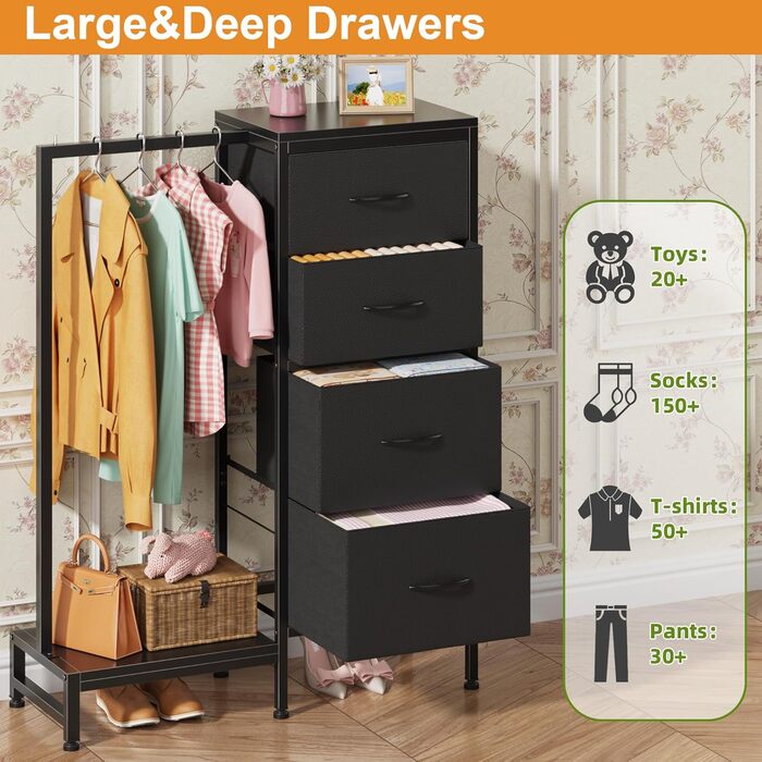 Комод 111 см з 4 висувними ящиками з тканини, шафа для одягу, комод для спальні, вітальні, коридору, чорний (30T x 76.5B x 111H см)