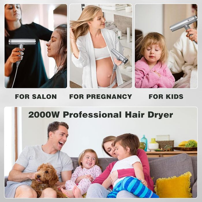 Іонний фен для волосся Slopehill з безщітковим двигуном 110 000 об/хв, біокерамічне покриття та магнітним дифузором, світло-сірий