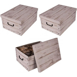 Декоративні коробки Kreher 3 шт. и XL 45 літрів, коробки для замовлення, штабельні коробки з кришками та ручками, 51 x 37 x 24 см (біле дерево)