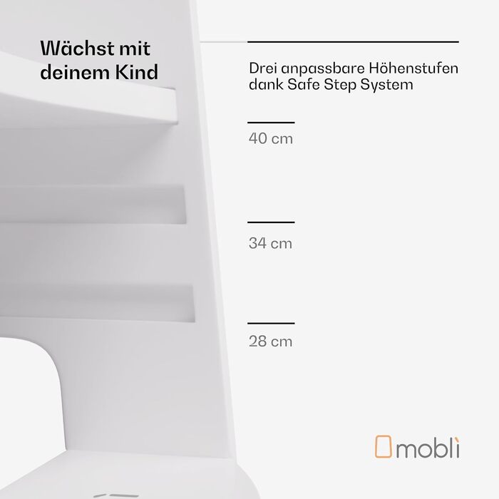 Стілець-сходинка Montessori Mobli для малюків: регульовані сходинки з березової фанери, білий колір