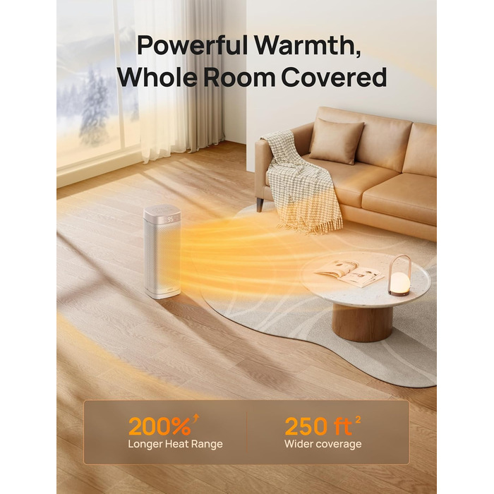 Електричний обігрівач Dreo 16 дюймів з термостатом, 70° обертання, дистанційне керування, захист від перекидання та перегріву, тихий керамічний вентилятор для дому