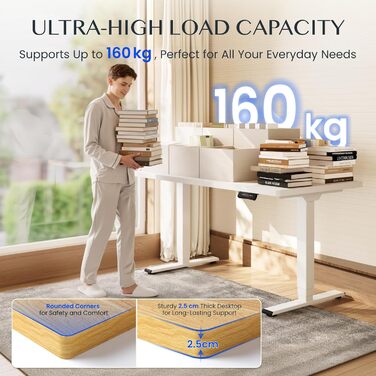 Регульований за висотою стіл FLEXISPOT 160x80 см, білий, електричний, з подвійним мотором, 160 кг, 3-секційний