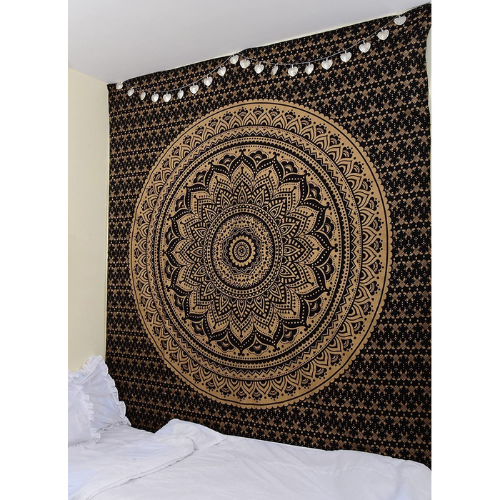 Настінний гобелен Aakriti Gallery з бавовняною мандалою-богемне покривало, ковдра в стилі бохо / гобелени для вітальні, домашній декор (чорний, золотий, 235 x 210 см)