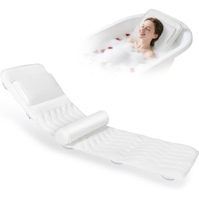 Килимок для ванни з подушкою для тіла 123x40 см, для зросту 160-180 см, швидковисихаючий, для підтримки голови, шиї та спини