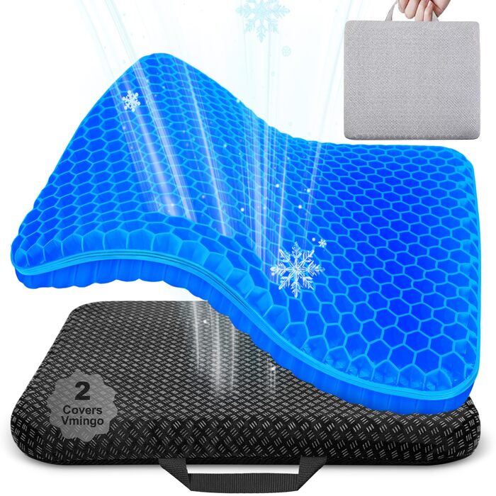 Ортопедична гелева подушка для сидіння з подвійним шаром та протиковзким чохлом, дихаюча подушка на стілець для офісу, авто, інвалідного візка (Темно-синя)