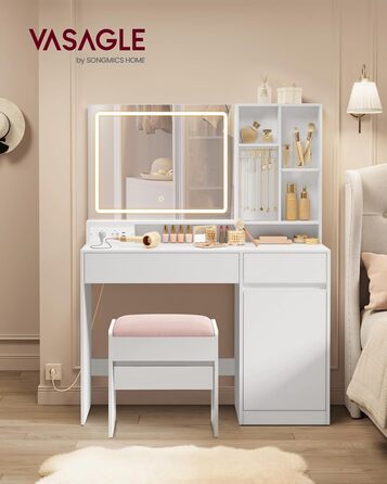 Дзеркальний туалетний столик VASAGLE з пуфом, 110 см, з підсвічуванням та розеткою, кольори: білий та пастельно-рожевий, RDT734W01