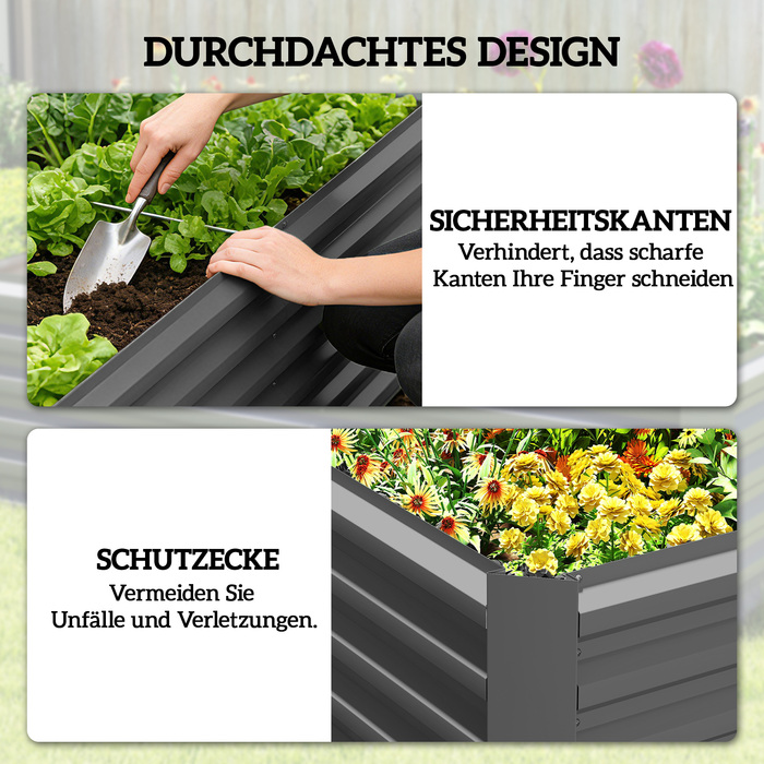 Підвищене грядка з металу 180 x 90 x 57,5 см. Глибока грядка для саду з відкритим дном та опорною штангою, темно-сірого кольору.