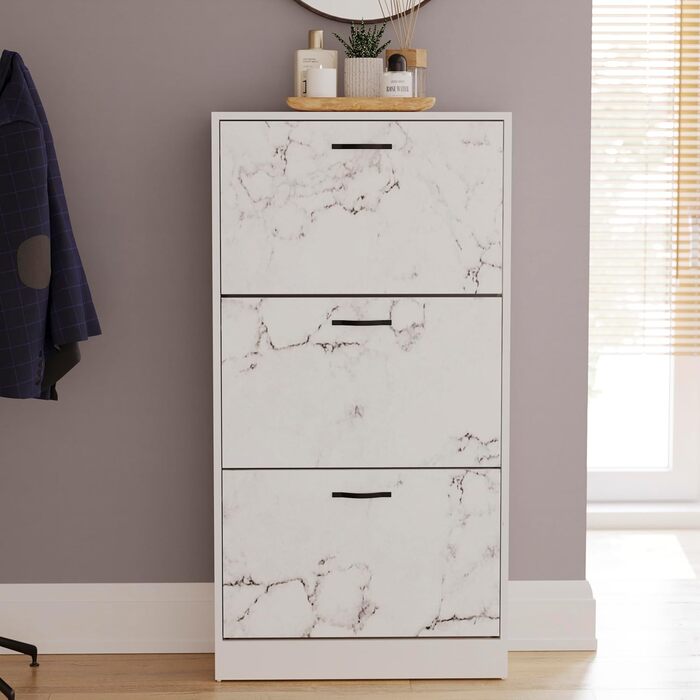 Шкаф для взуття з 3 шухлядами Home Discount - дерев'яний, горіх/білий (білий мармур)