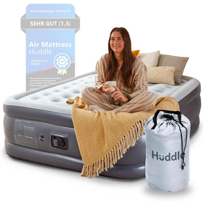 Надувне ліжко Huddle Lite з вбудованим насосом – комфортна матрац для кемпінгу, гостей та запасних кімнат (одинарне, двоспальне, king-size)