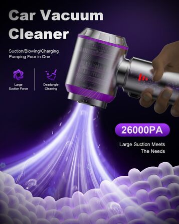 Акумуляторний ручний пилосос KITBEZN для авто та дому, безщітковий двигун, 26000Па, 3 режими потужності, бездротовий, фіолетовий