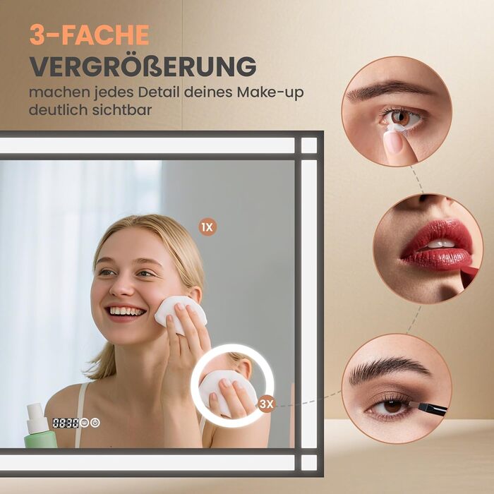 LED дзеркало для ванної кімнати AQUABATOS 50x70 см з підсвічуванням, ефект вікна, сенсорне керування, регулювання яскравості, антизапотівальне покриття, чорний алюмінієвий каркас, індустріальний стиль, годинник, дзеркало для макіяжу