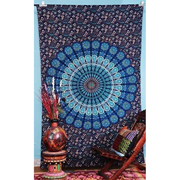 Настінний розпис Мандала психоделічний Павич гобелени Бірюзовий - - декоративна велика Мандала індійський настінний рушник богемний гобелен в стилі бохо Гоа для кімнат, спалень гобелени (синьо-зелений, 127x152 см)