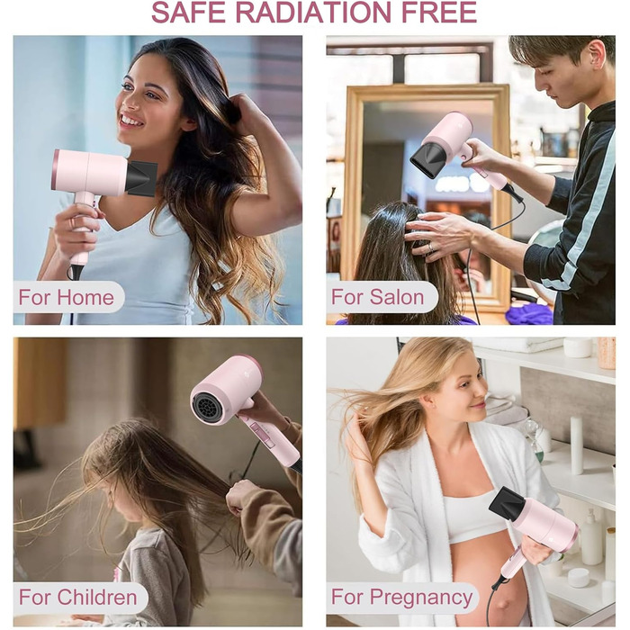 Іонізуючий фен для волосся Slopehill 1800W для швидкого сушіння, професійний салонний фен з 3 насадками-концентраторами та дифузором, 3 режимами температури та 2 швидкостями (Рожевий)
