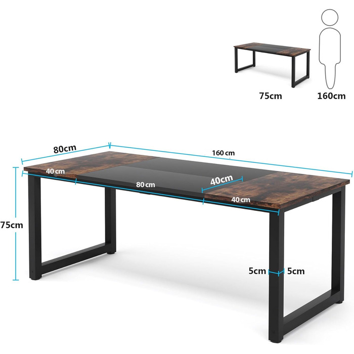 Обідній стіл Tribesigns 160х80 см, промисловий, на 4-6 осіб, прямокутний, металеві ніжки, вінтажний коричневий/чорний