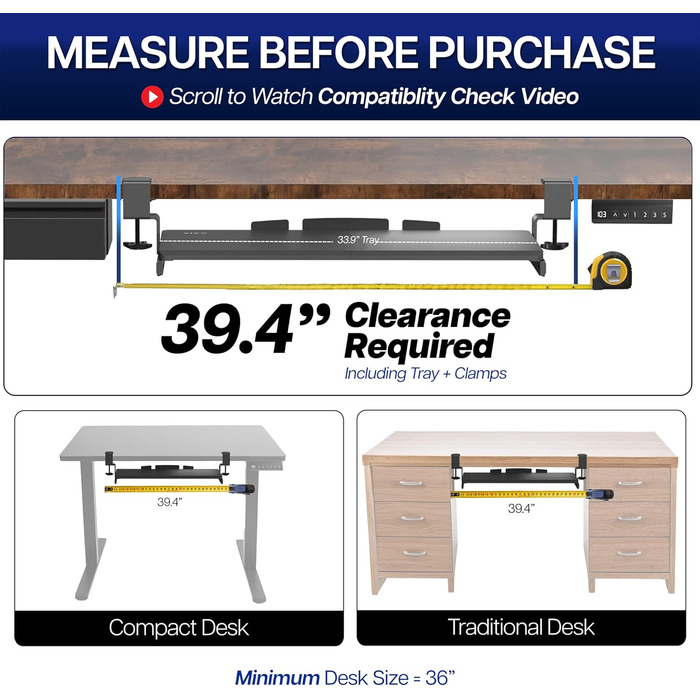 Видвижна платформа для клавіатури VIVO, 27 x 11 дюймів, біла, кріплення на C-образну скобу, MOUNT-KB05W