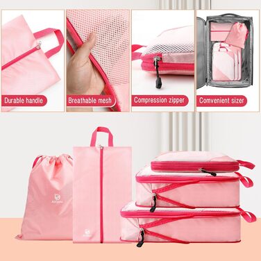 Набір компресійних органайзерів для подорожей AiQInu (5 шт.), ультралегкі сумки для пакування одягу в валізу з мішком для взуття та прання, рожеві