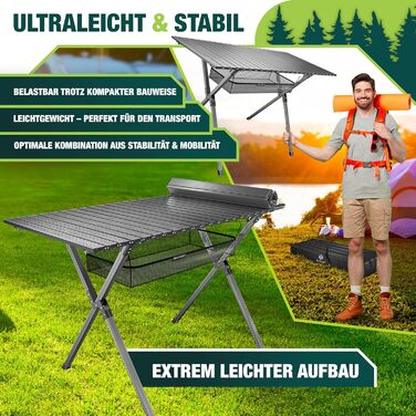 Складаний столик KESSER® для кемпінгу з алюмінієвим каркасом, регульована висота 90x53 см, до 100 кг, з сумкою та сітчастою кишенею (145x70 см, антрацит)