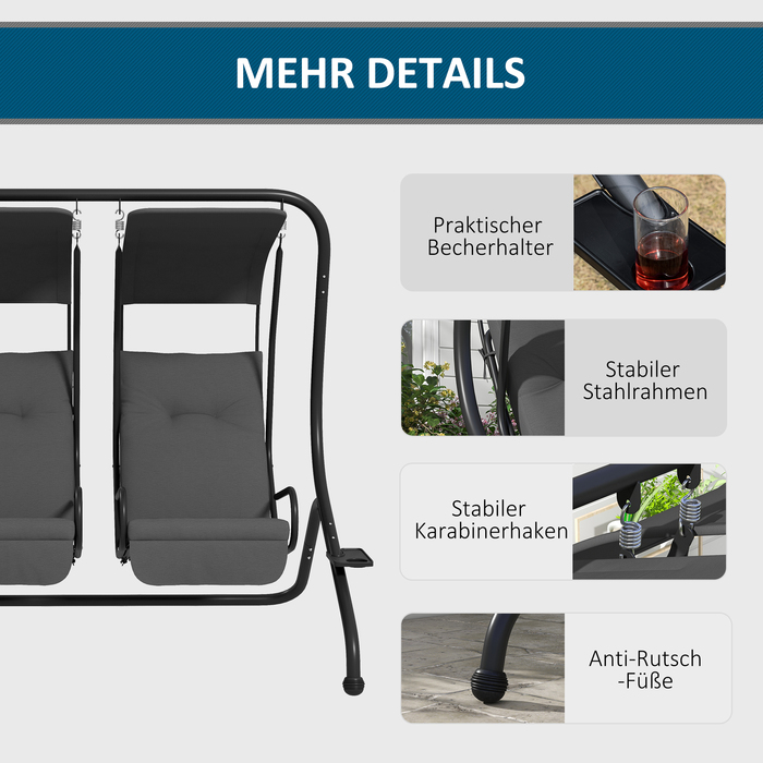 Садова гойдалка Голлівуд, стійка до погодних умов, з роздільними сидіннями для двох, 2 підсклянники, 170 см x 136 см x 170 см, сірого кольору