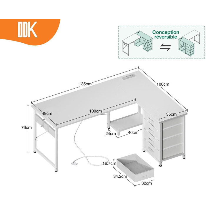 Письмовий стіл ODK L-подібний з шухлядами, розетками та USB, двосторонній, 135100 см, білий