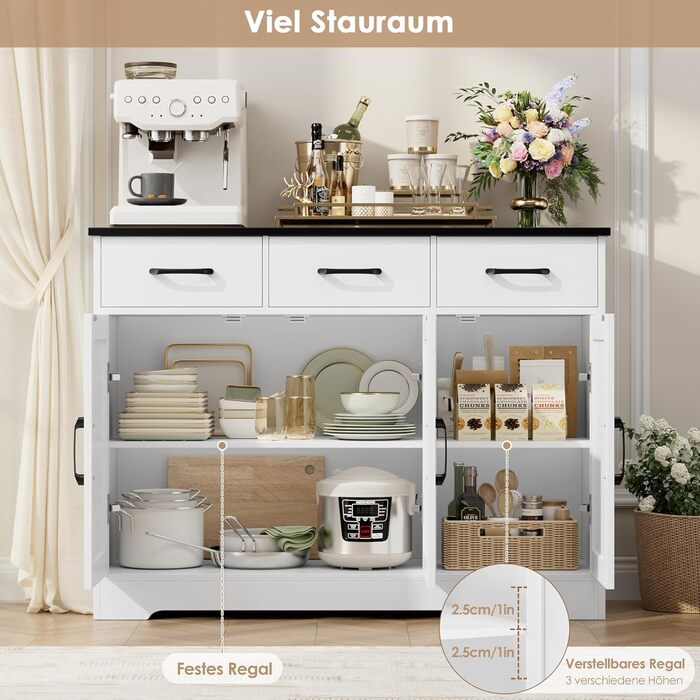 Сервант HOCSOK з 3 шухлядами та 3 дверцятами для кухні, буфет з робочою поверхнею, для вітальні, їдальні, з дерева, білий & коричневий (білий & чорний)