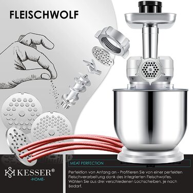 Кухонна машина KESSER 3 в 1 KM 3000 з м'ясорубкою, міксером та соковитискачем, 5.5л чаша, набір аксесуарів для пасти та випічки (срібна)