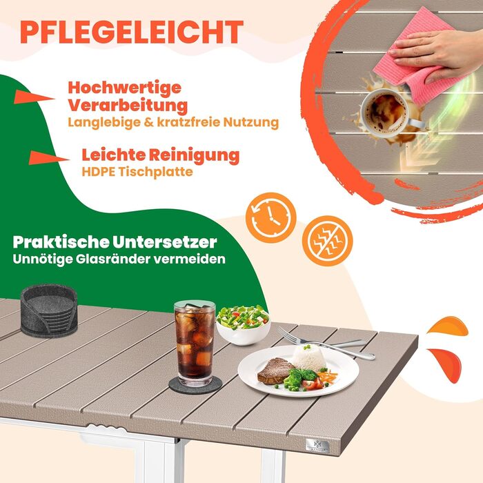 Розсувний садовий стіл KESSER® 180/240x90 см для 8 осіб, з металевим каркасом та стільницею HDPE, стійкий до погодних умов та UV-випромінювання, в комплекті 6 підставок під горнятка